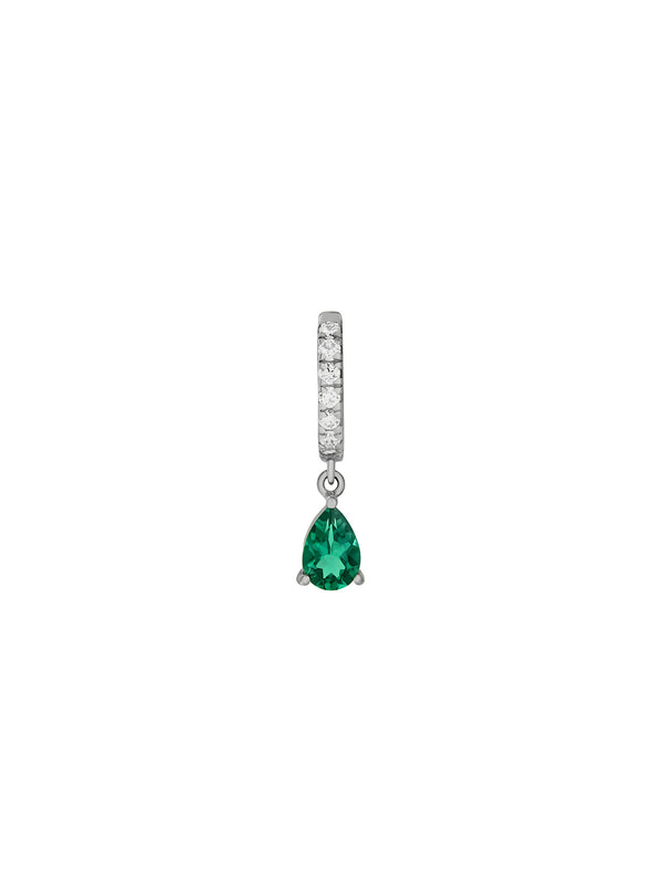 PAVÉ HUGGIE EARRING LAB EMERALD PEAR DROP, SILVER