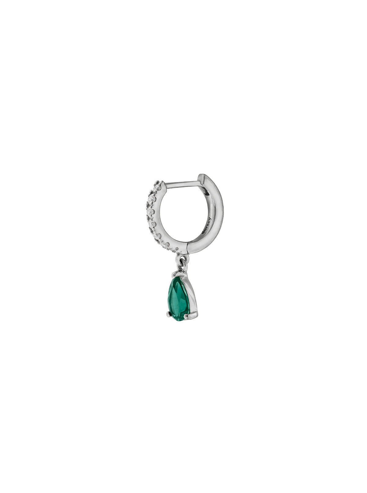 PAVÉ HUGGIE EARRING LAB EMERALD PEAR DROP, SILVER