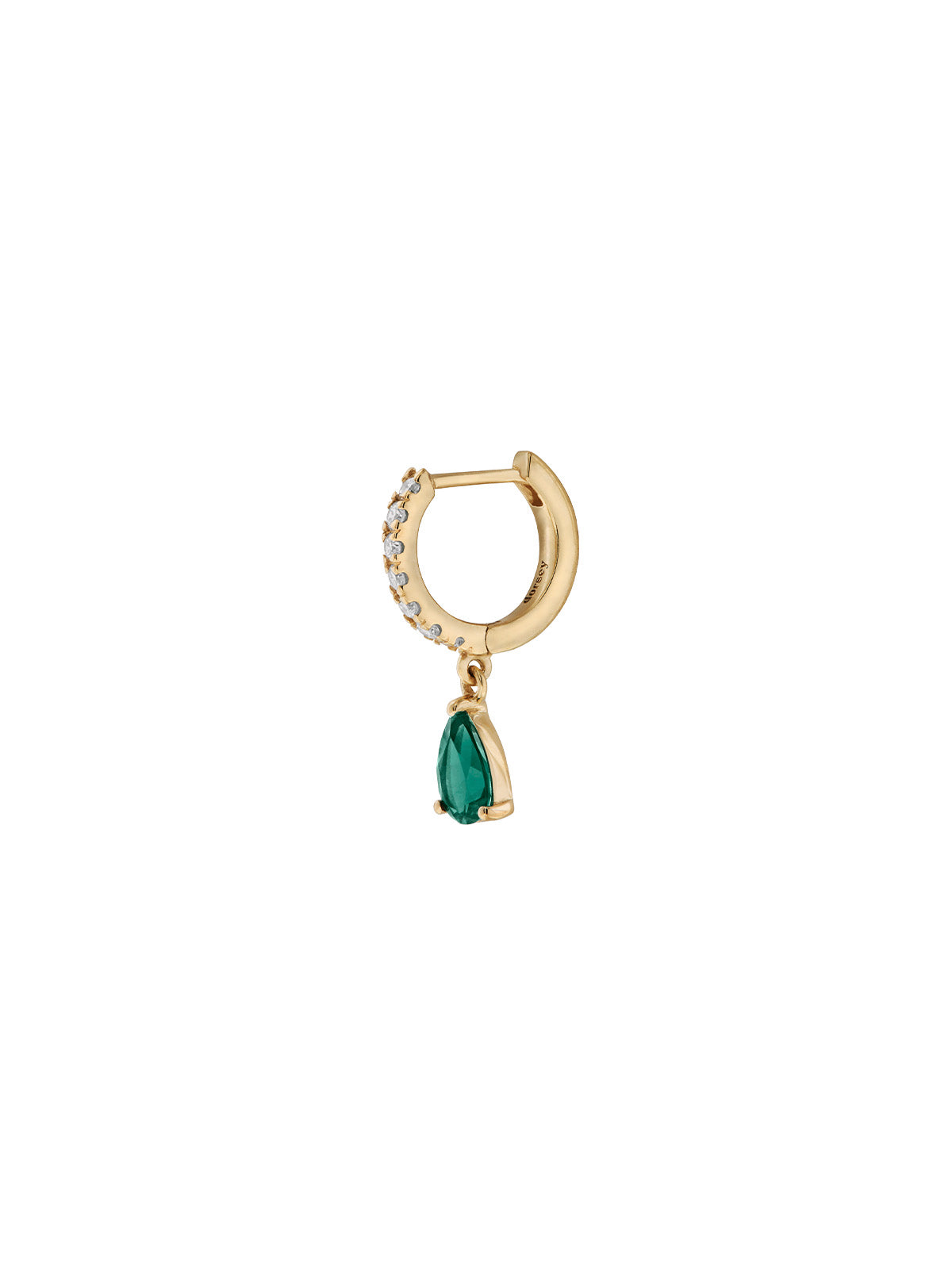 PAVÉ HUGGIE EARRING LAB EMERALD PEAR DROP, GOLD