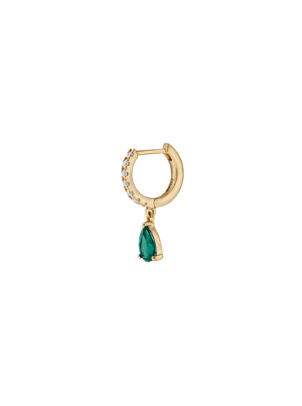 PAVÉ HUGGIE EARRING LAB EMERALD PEAR DROP, GOLD