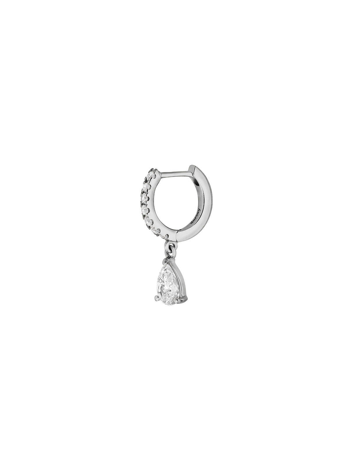 PAVÉ HUGGIE EARRING LAB WHITE PEAR DROP, SILVER