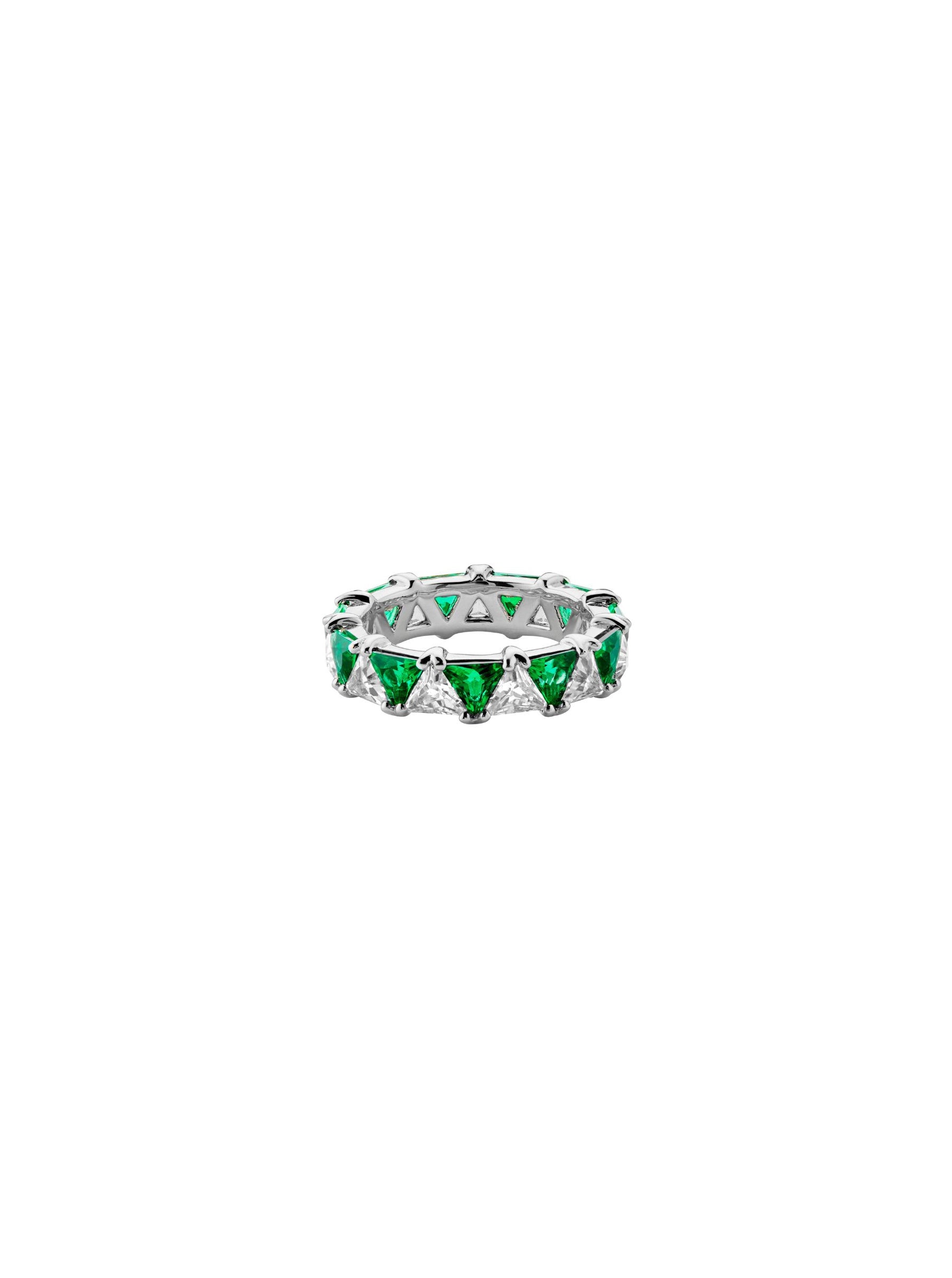 THEODORA DOUBLE TRILLION, LAB WHITE SAPPHIRE AND EMERALD RING, SILVER