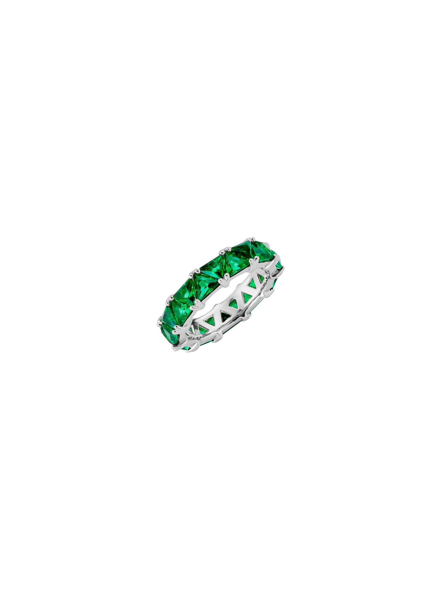 THEODORA DOUBLE TRILLION, LAB EMERALD RING, SILVER