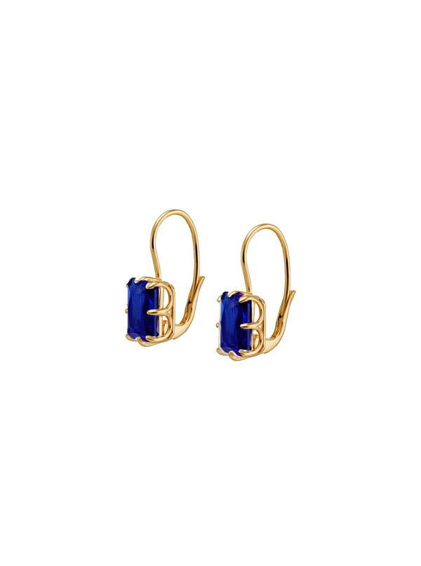 EMILE RADIANT CUT 8-PRONG LAB BLUE SAPPHIRE EARRINGS, GOLD