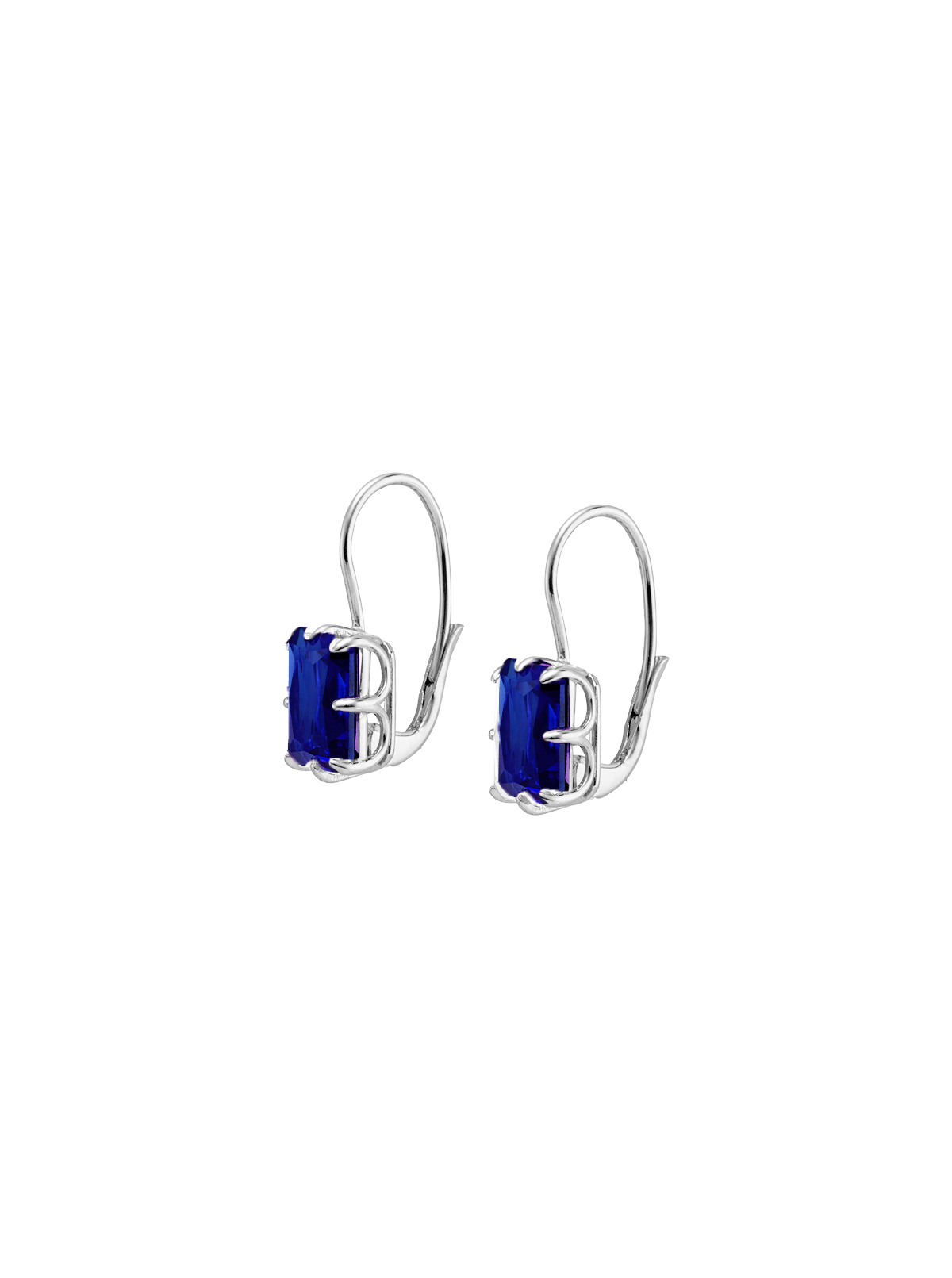 EMILE RADIANT CUT 8-PRONG LAB BLUE SAPPHIRE EARRINGS, SILVER