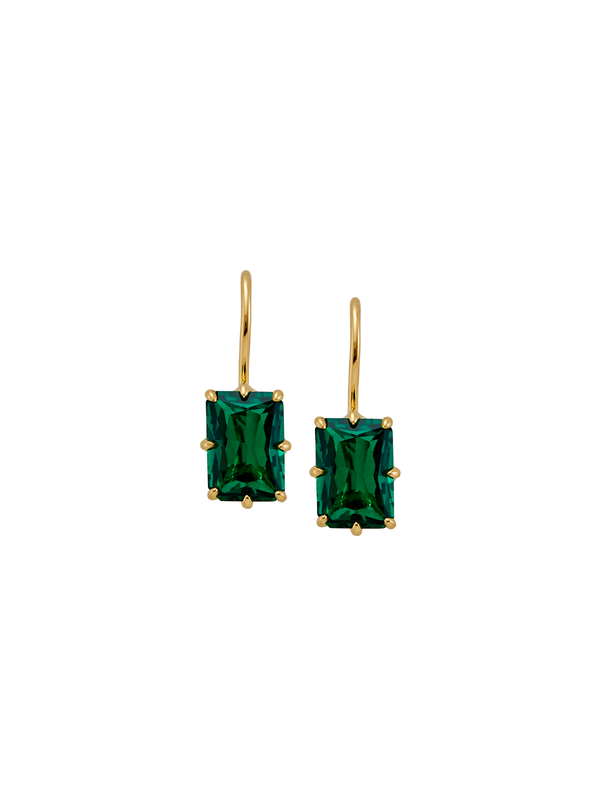 EMILE RADIANT CUT 8-PRONG NANO CRYSTAL EMERALD EARRINGS, GOLD