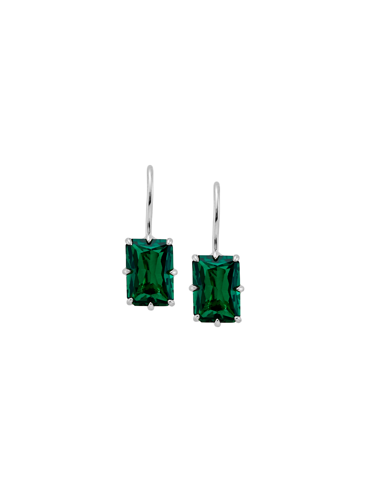 EMILE RADIANT CUT 8-PRONG NANO CRYSTAL EMERALD EARRINGS, SILVER