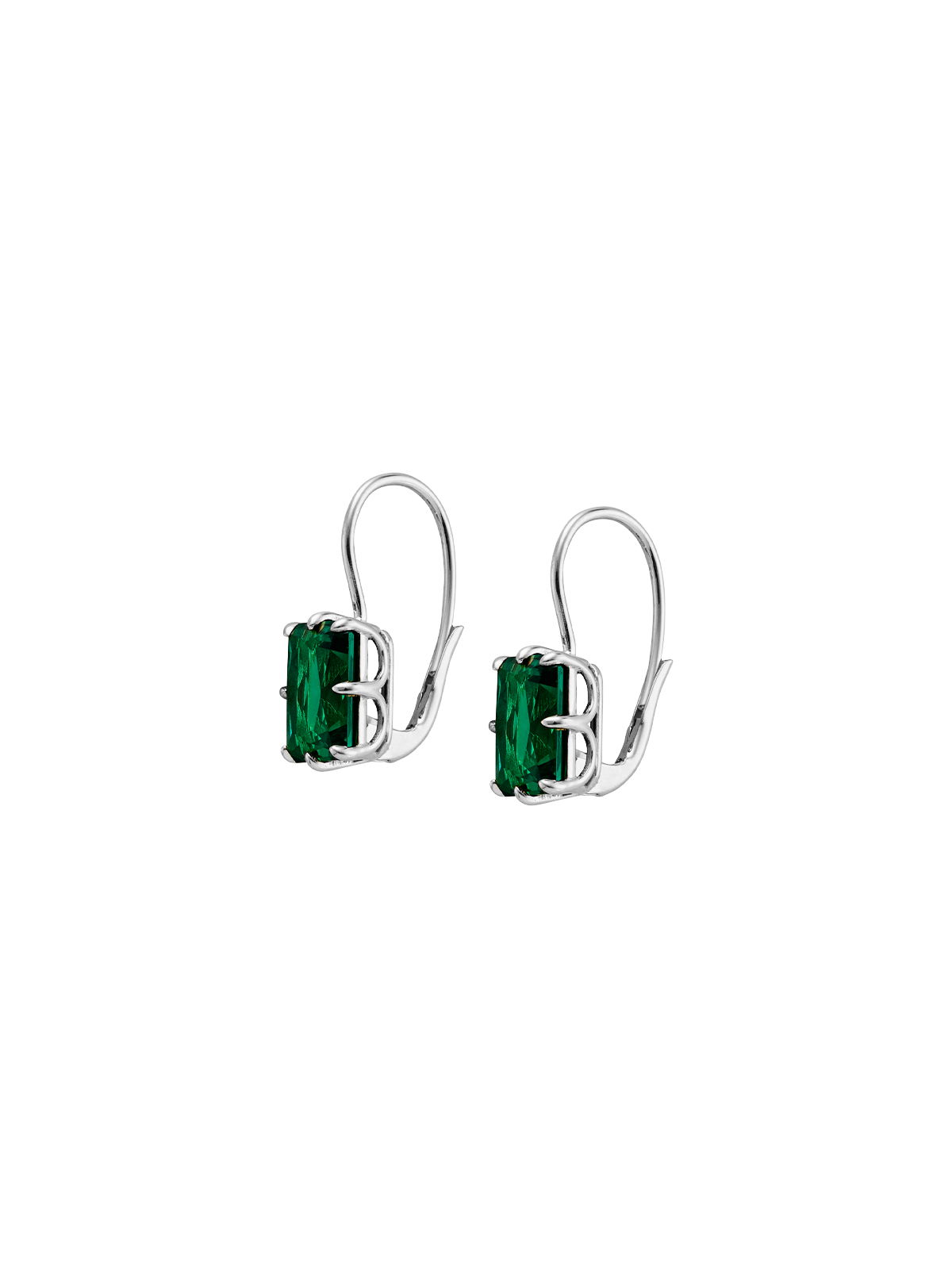 EMILE RADIANT CUT 8-PRONG NANO CRYSTAL EMERALD EARRINGS, SILVER