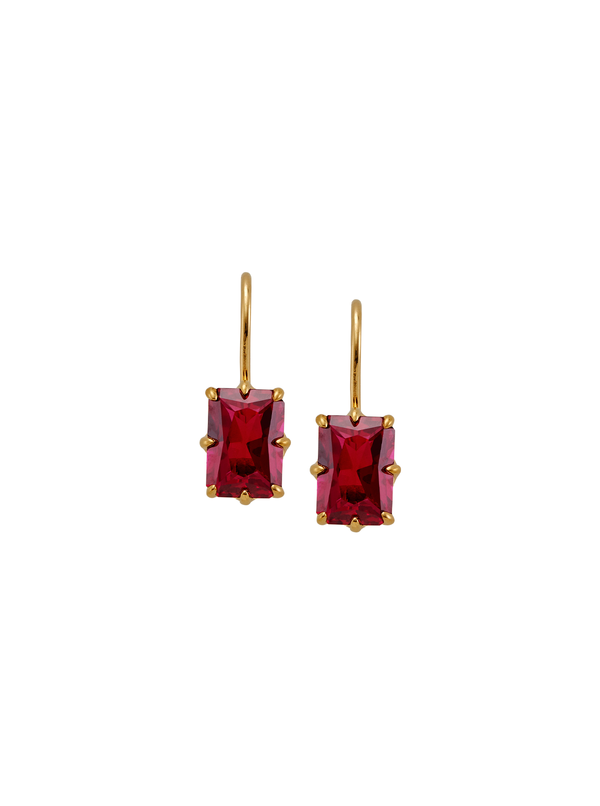 EMILE RADIANT CUT 8-PRONG LAB RED SAPPHIRE EARRINGS, GOLD