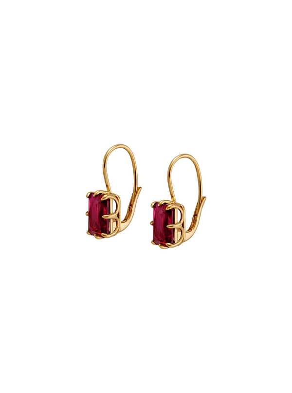 EMILE RADIANT CUT 8-PRONG LAB RED SAPPHIRE EARRINGS, GOLD