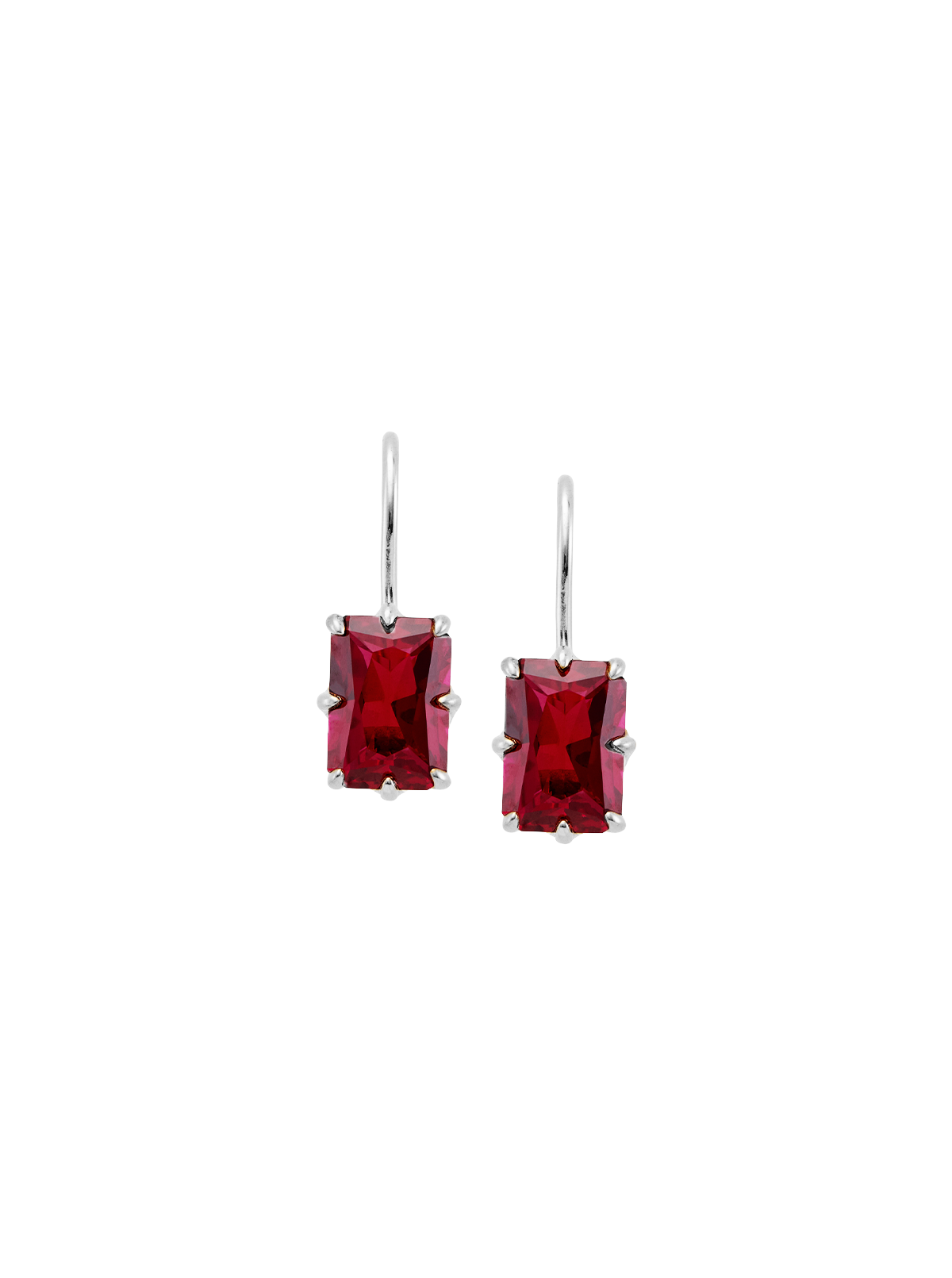 EMILE RADIANT CUT 8-PRONG LAB RED SAPPHIRE EARRINGS, SILVER