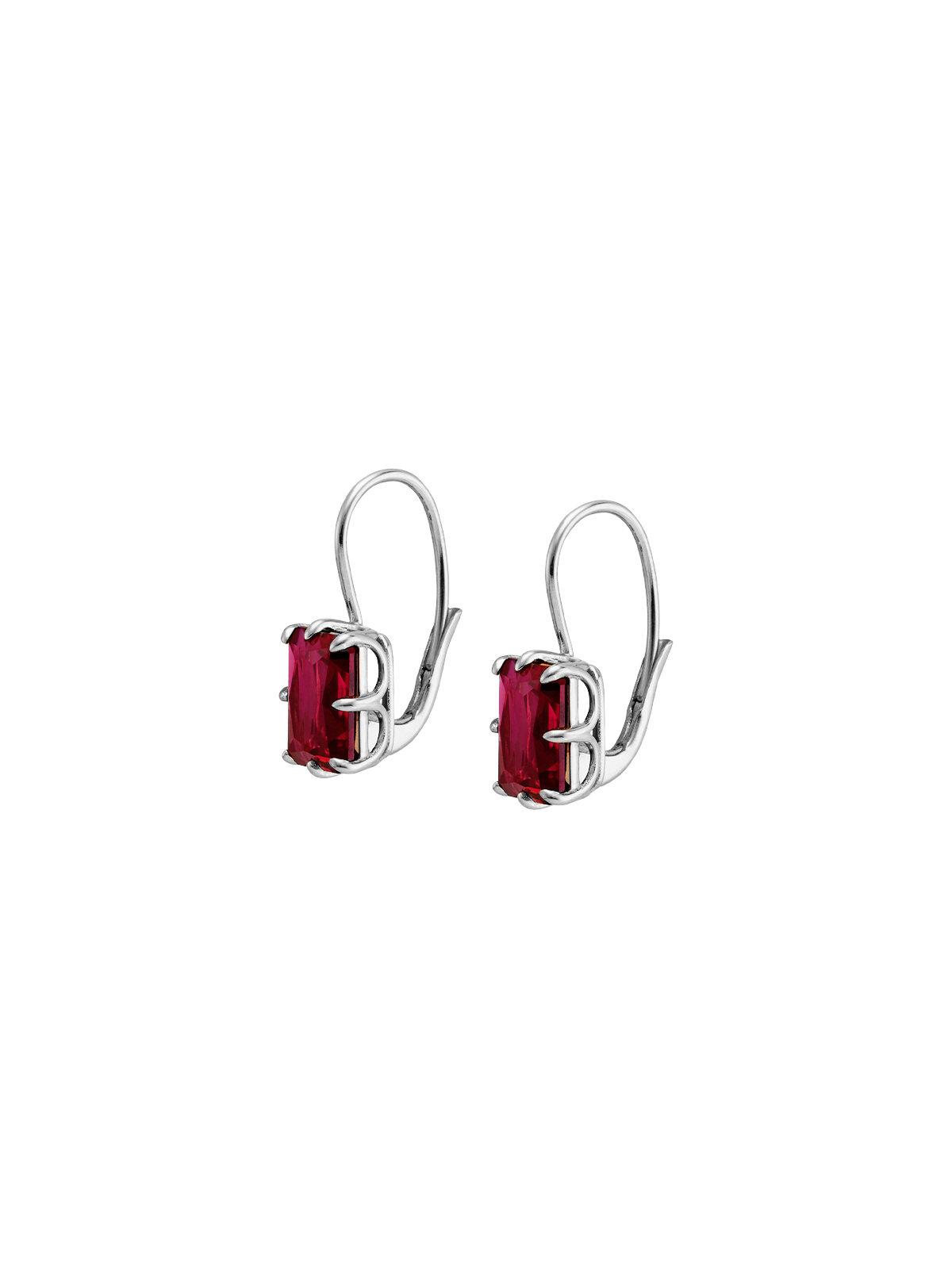 EMILE RADIANT CUT 8-PRONG LAB RED SAPPHIRE EARRINGS, SILVER