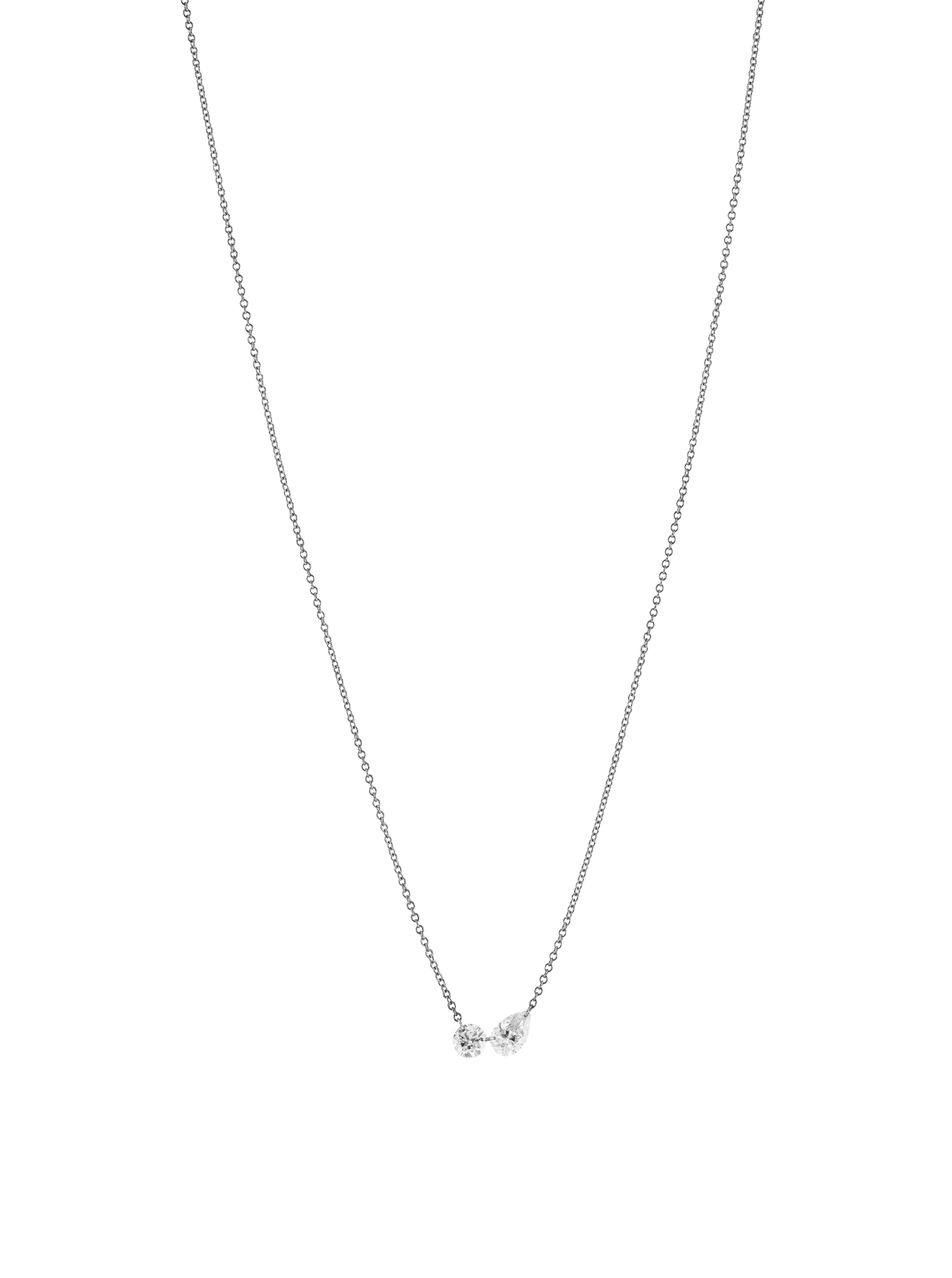 14K WHITE GOLD FLOATING ROUND AND PEAR DIAMOND NECKLACE