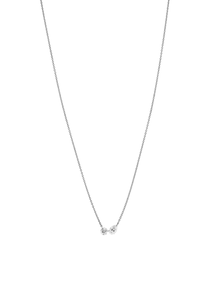 14K WHITE GOLD FLOATING ROUND AND PEAR DIAMOND NECKLACE