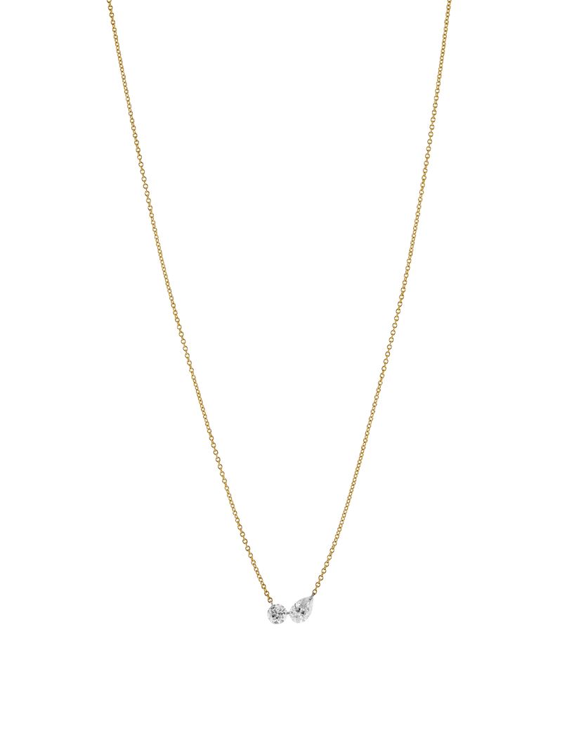 14K YELLOW GOLD FLOATING ROUND AND PEAR DIAMOND NECKLACE