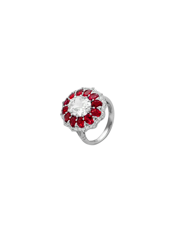 TATE LAB WHITE AND RED SAPPHIRE RING, SILVER