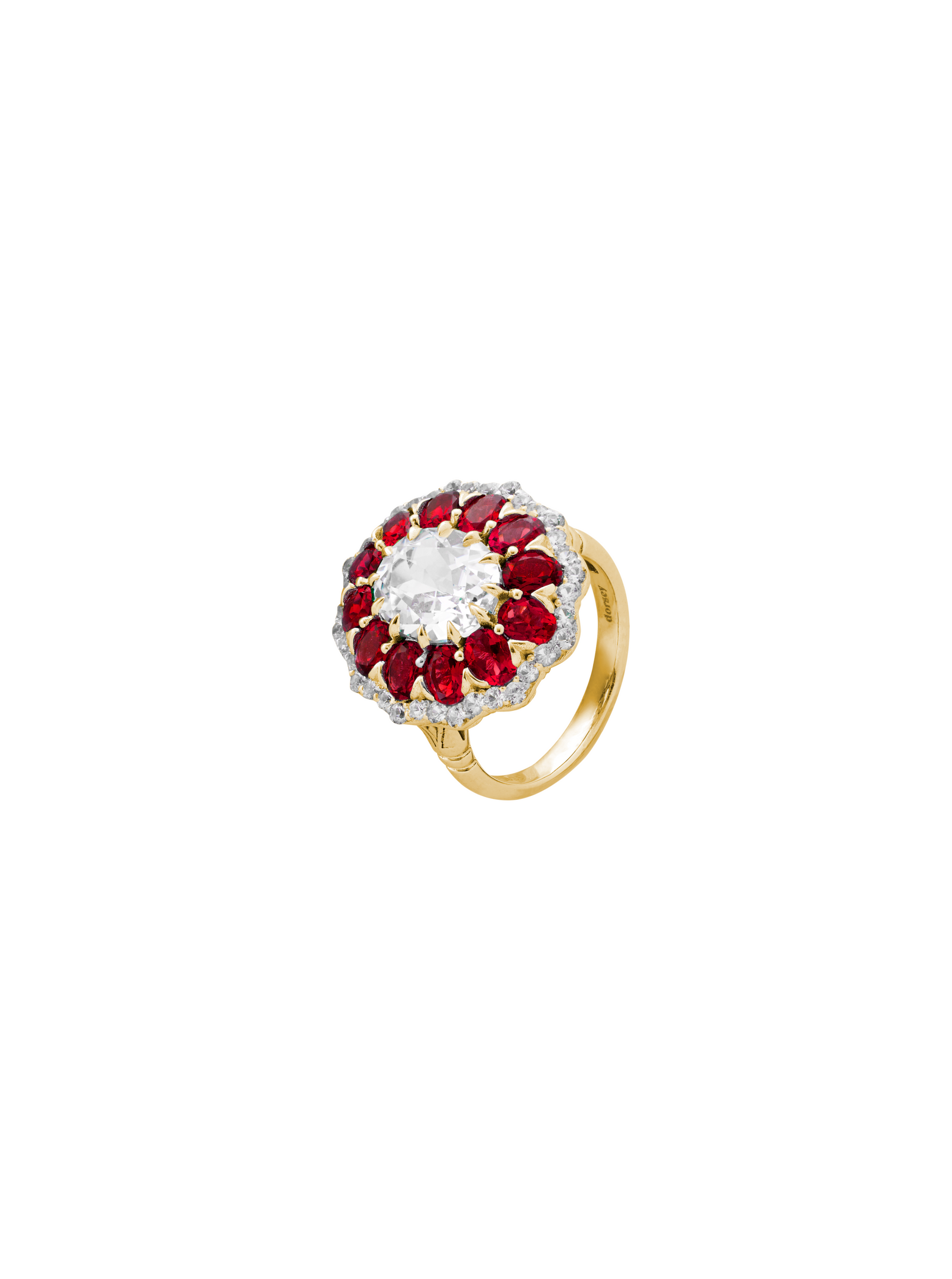 TATE LAB WHITE AND RED SAPPHIRE RING, GOLD