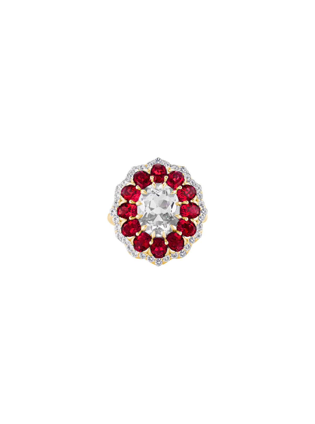 TATE LAB WHITE AND RED SAPPHIRE RING, GOLD