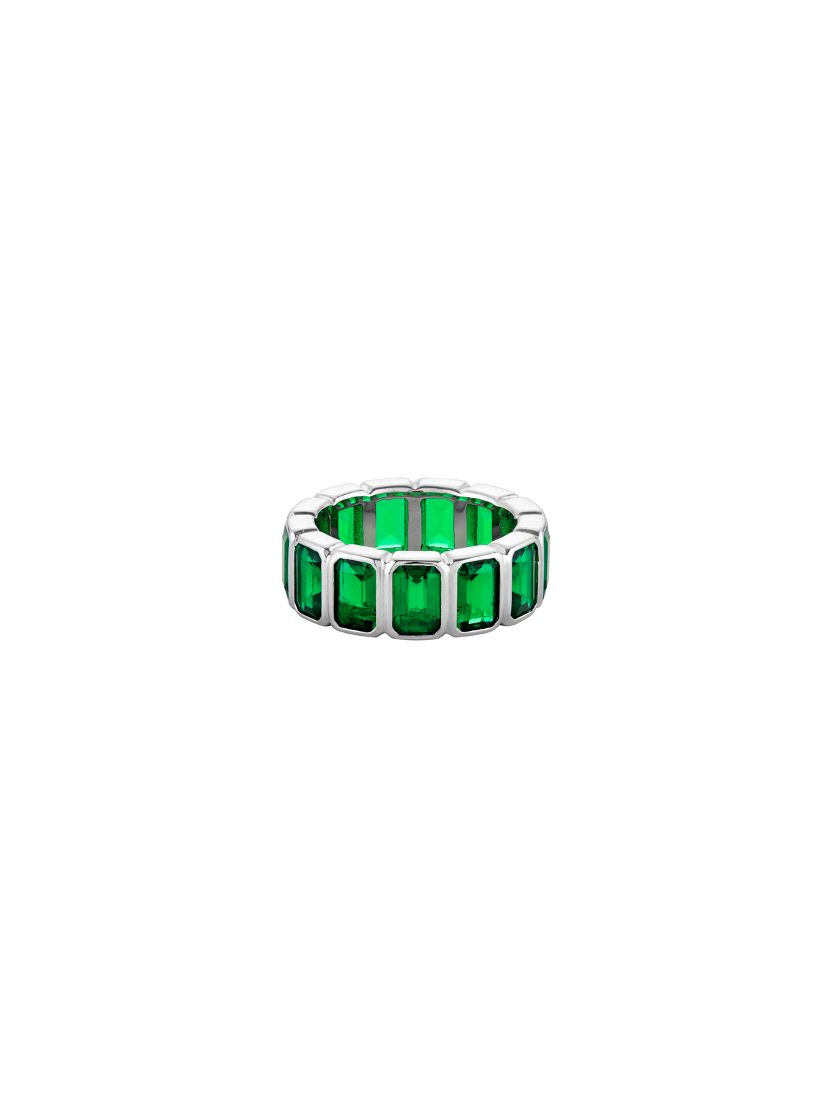 EMERALD CUT BEZEL NANO CRYSTAL EMERALD ETERNITY BAND, SILVER