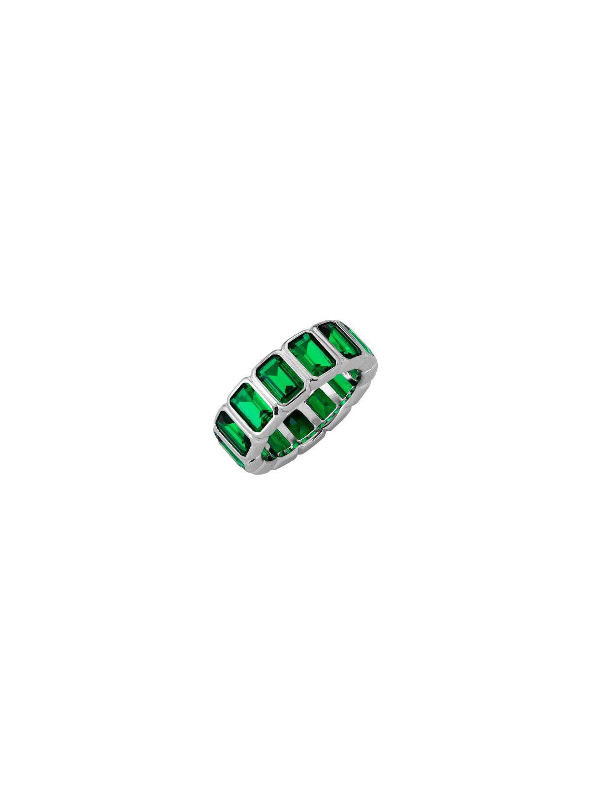 EMERALD CUT BEZEL NANO CRYSTAL EMERALD ETERNITY BAND, SILVER