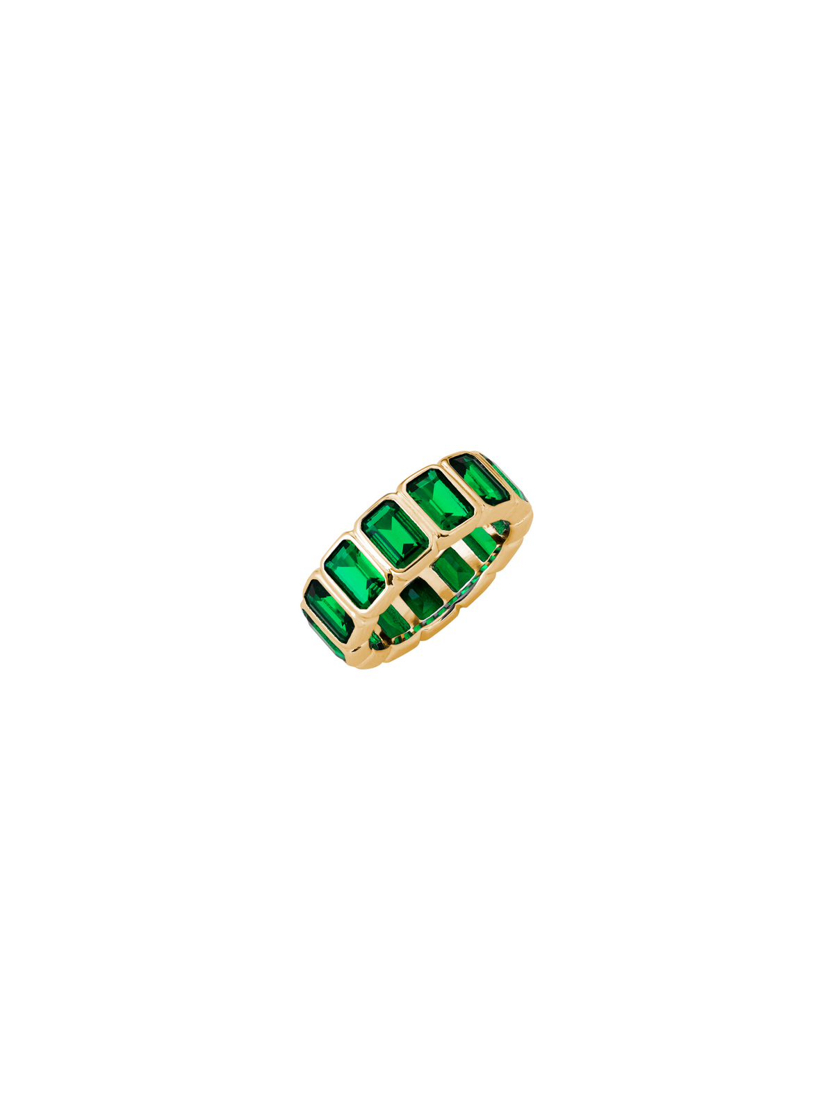 EMERALD CUT BEZEL NANO CRYSTAL EMERALD ETERNITY BAND, GOLD