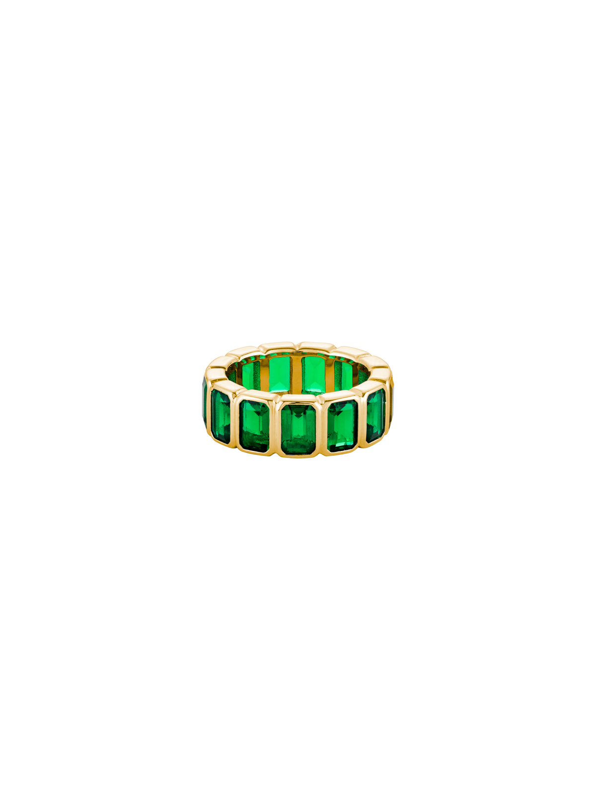 EMERALD CUT BEZEL NANO CRYSTAL EMERALD ETERNITY BAND, GOLD