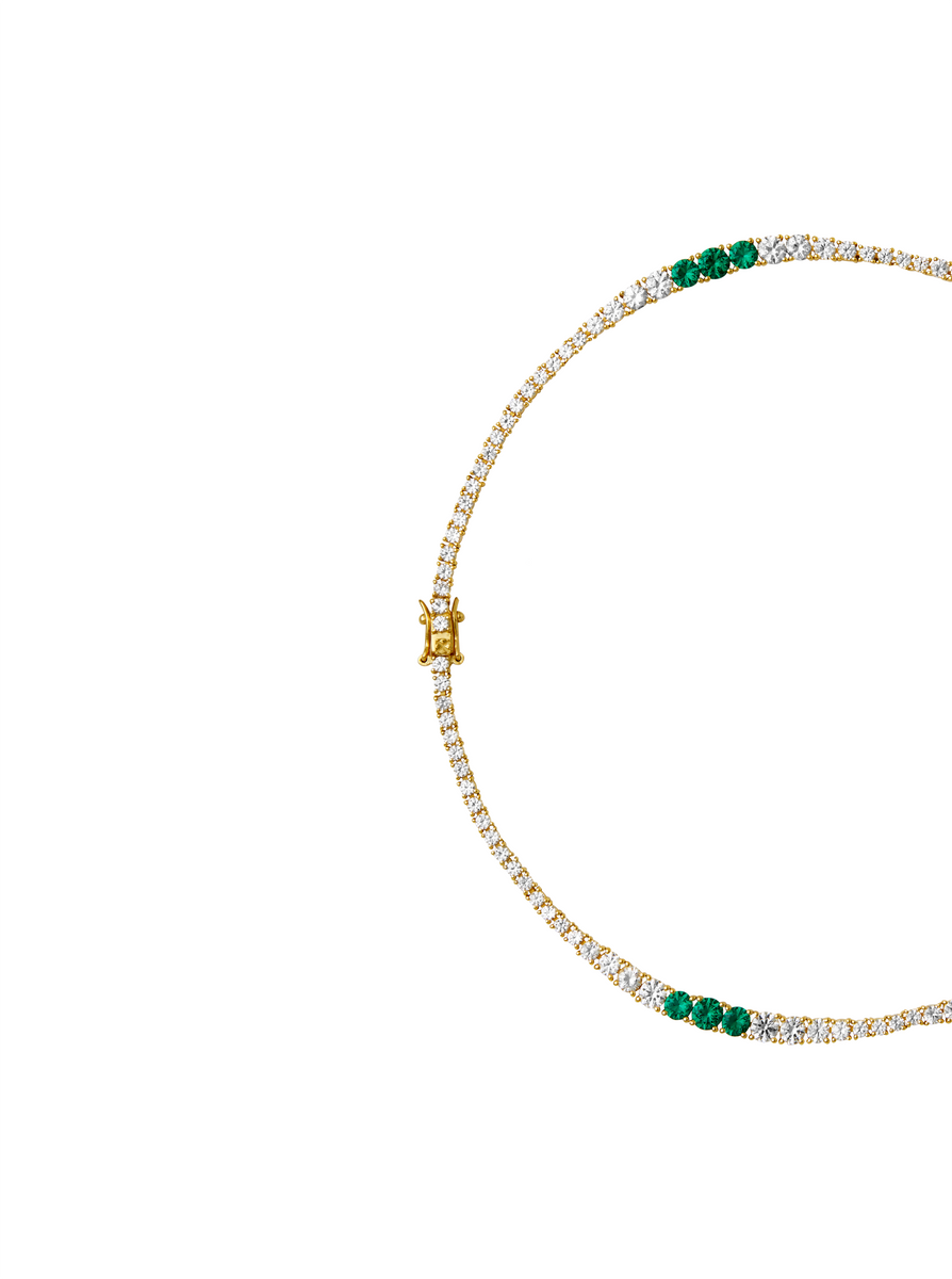 ISADORA, LAB WHITE SAPPHIRE AND NANO CRYSTAL EMERALD GRADUATED GOLD RIVIÈRE NECKLACE