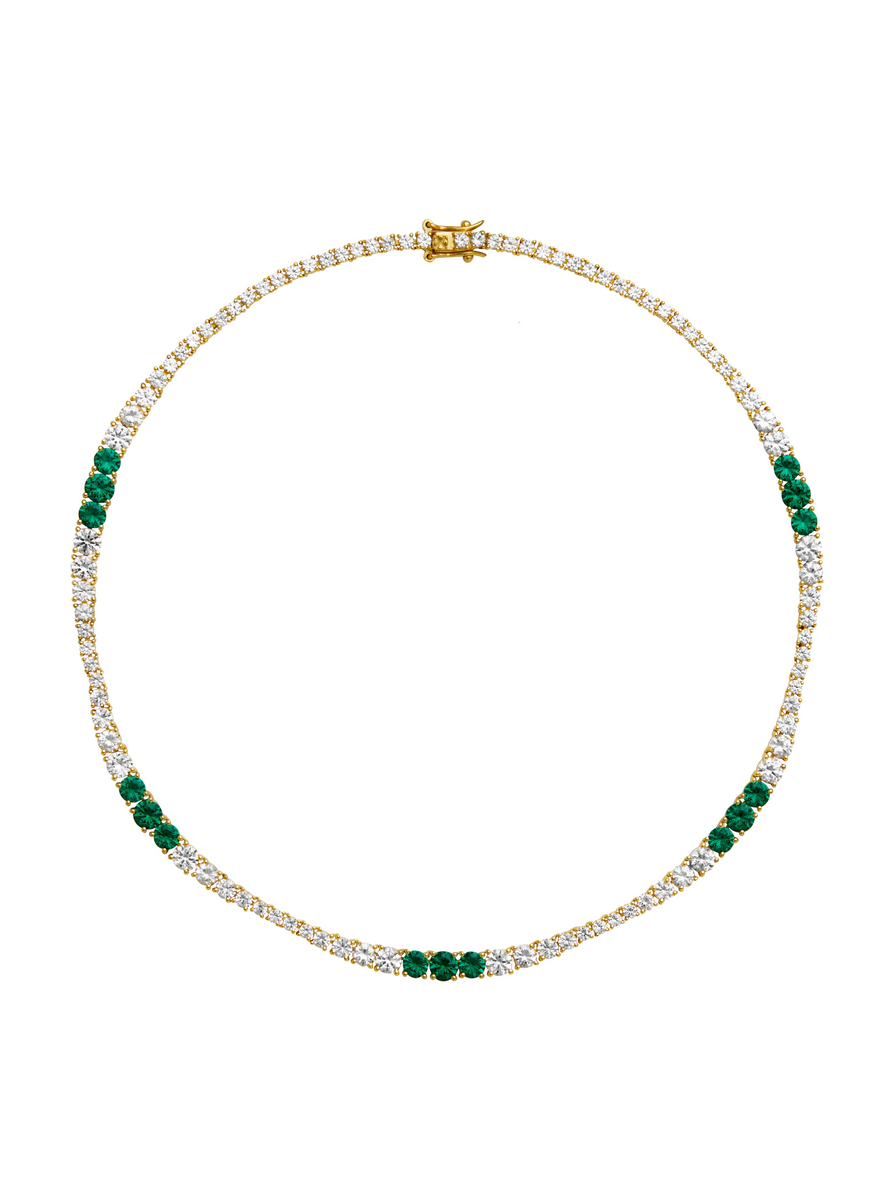 ISADORA, LAB WHITE SAPPHIRE AND NANO CRYSTAL EMERALD GRADUATED GOLD RIVIÈRE NECKLACE