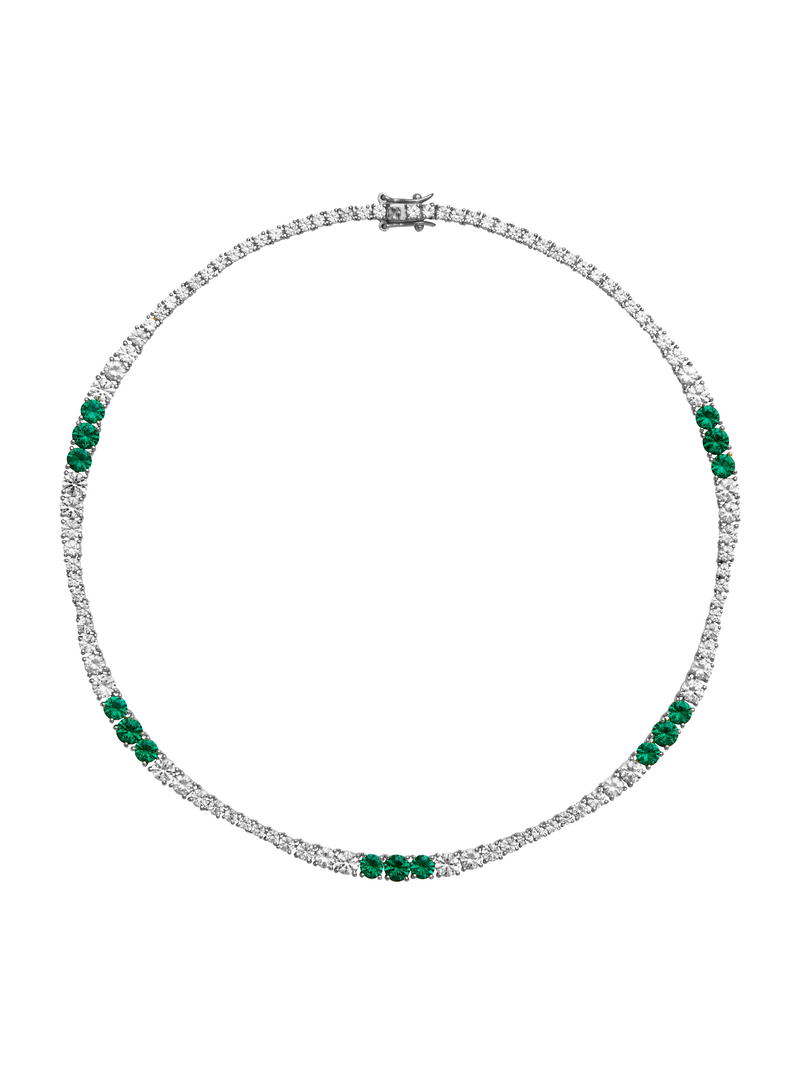 ISADORA, LAB WHITE SAPPHIRE AND NANO CRYSTAL EMERALD GRADUATED SILVER RIVIÈRE NECKLACE