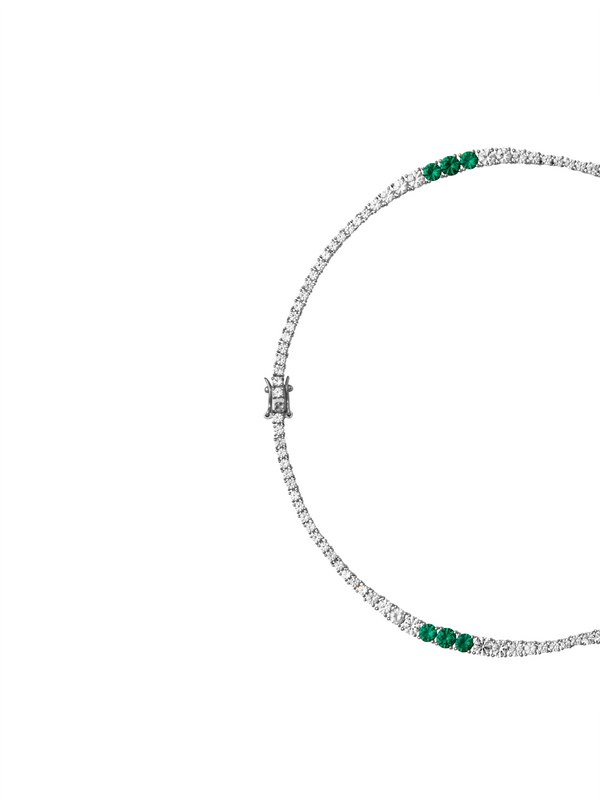 ISADORA, LAB WHITE SAPPHIRE AND NANO CRYSTAL EMERALD SILVER RIVIÈRE NECKLACE