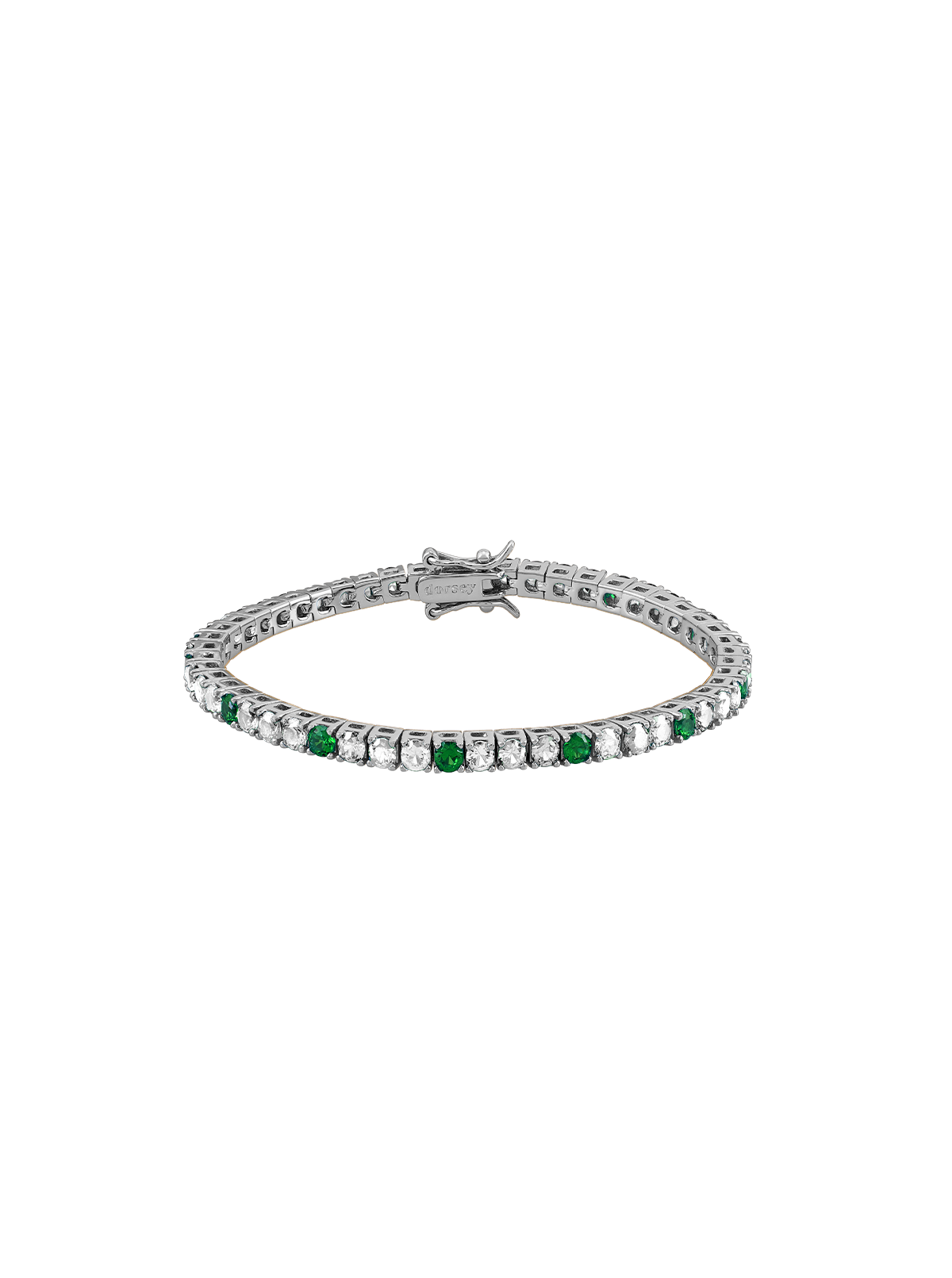 KATE 3MM ROUND CUT, LAB 3 WHITE SAPPHIRE AND 1 NANO CRYSTAL EMERALD RIVIÈRE BRACELET, SILVER