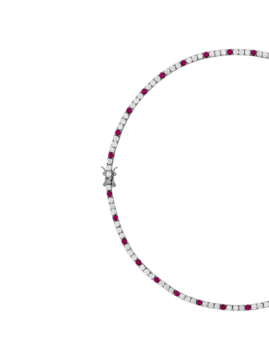 MOSS ROUND CUT, LAB 3 WHITE SAPPHIRE AND 1 RED SAPPHIRE RIVIÈRE NECKLACE