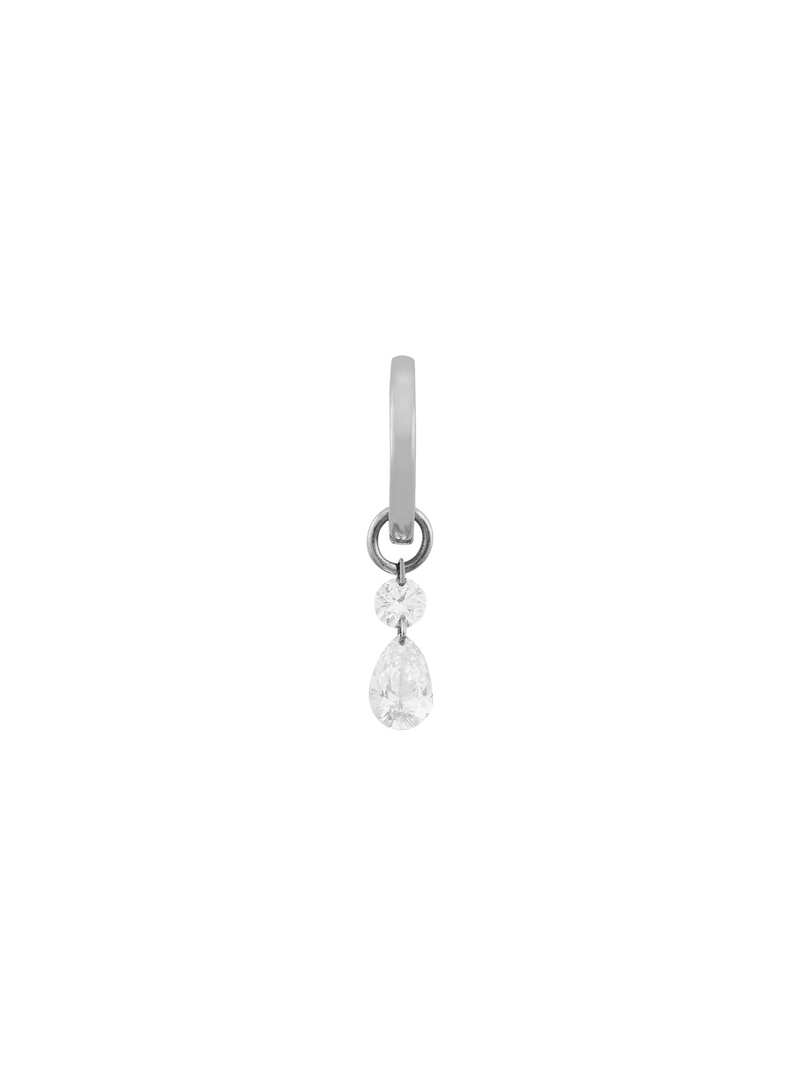 14K WHITE GOLD HUGGIE WITH ROUND AND PEAR DIAMOND CHARM