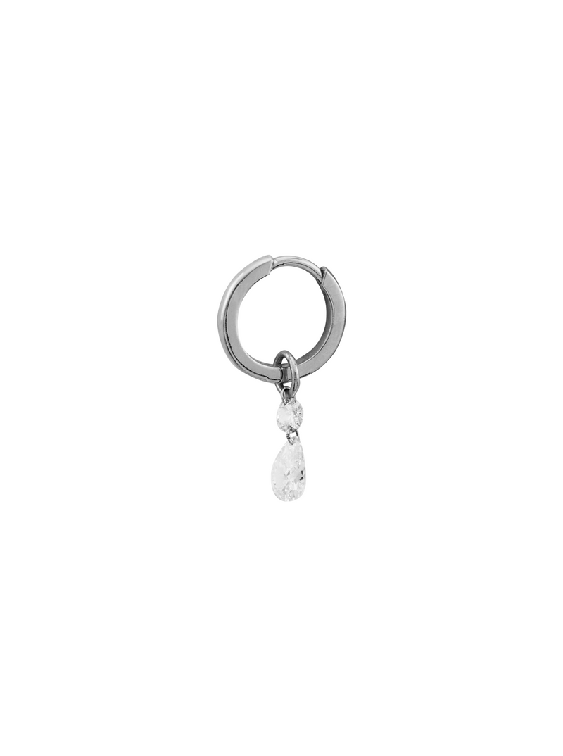 14K WHITE GOLD HUGGIE WITH ROUND AND PEAR DIAMOND CHARM