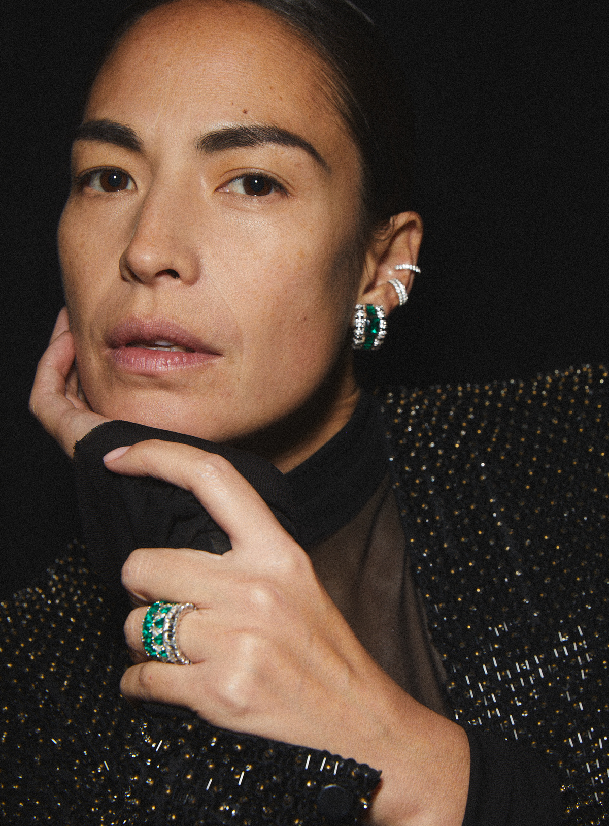 CRAWFORD, BAGUETTE AND ASSCHER NANO CRYSTAL EMERALD EARRINGS