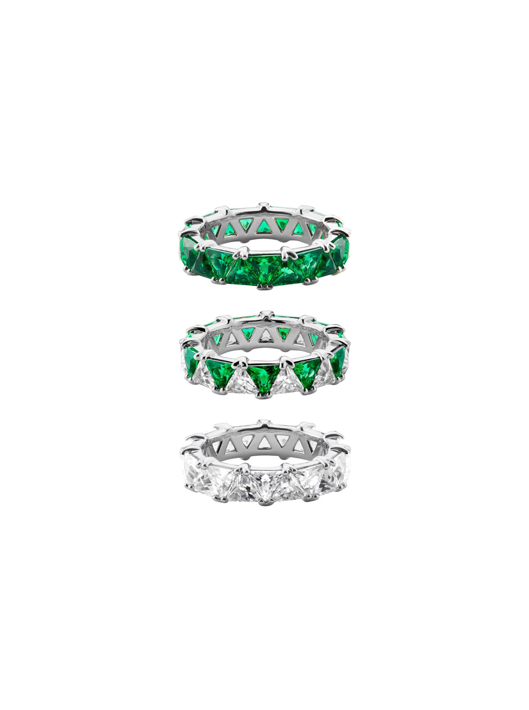 THEODORA DOUBLE TRILLION EMERALD RING STACK, SILVER