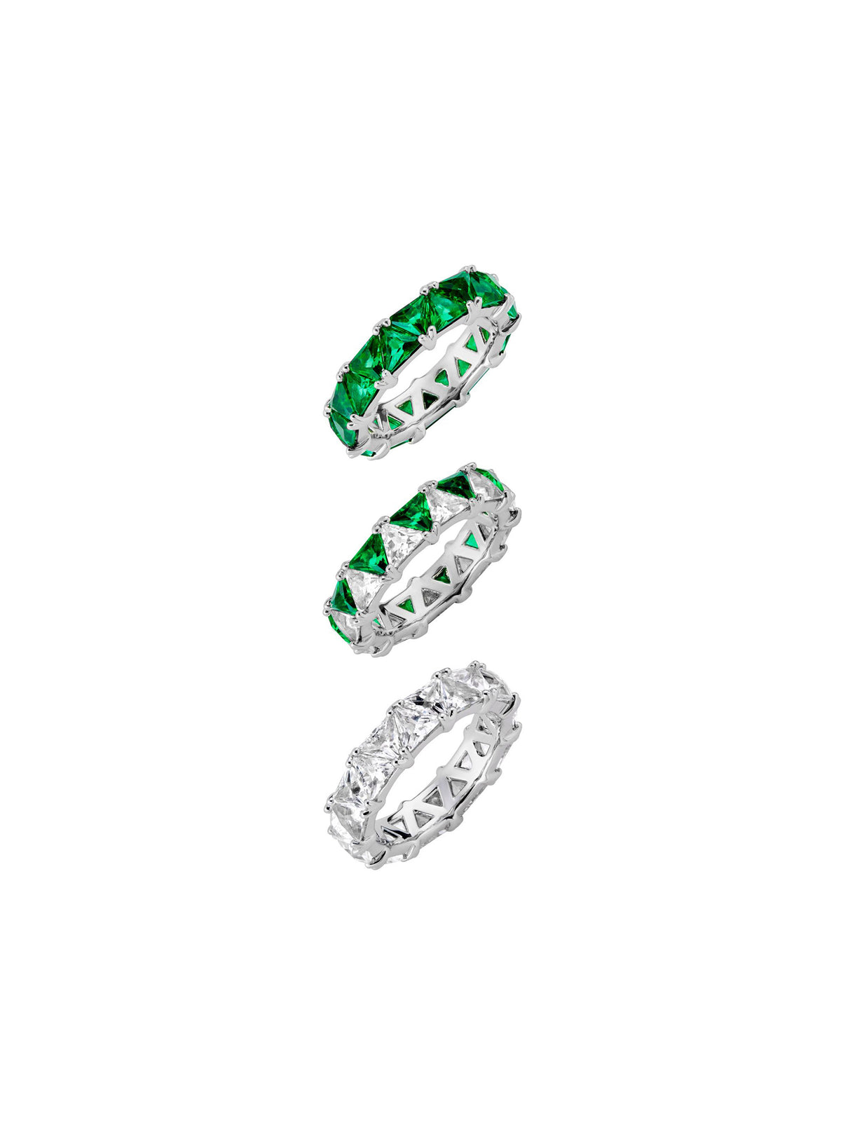 THEODORA DOUBLE TRILLION EMERALD RING STACK, SILVER