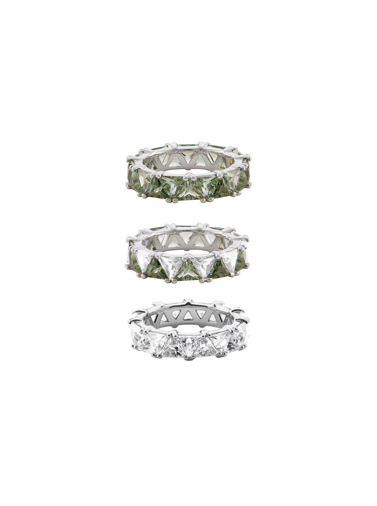 THEODORA DOUBLE TRILLION LIGHT GREEN SPINEL RING STACK, SILVER