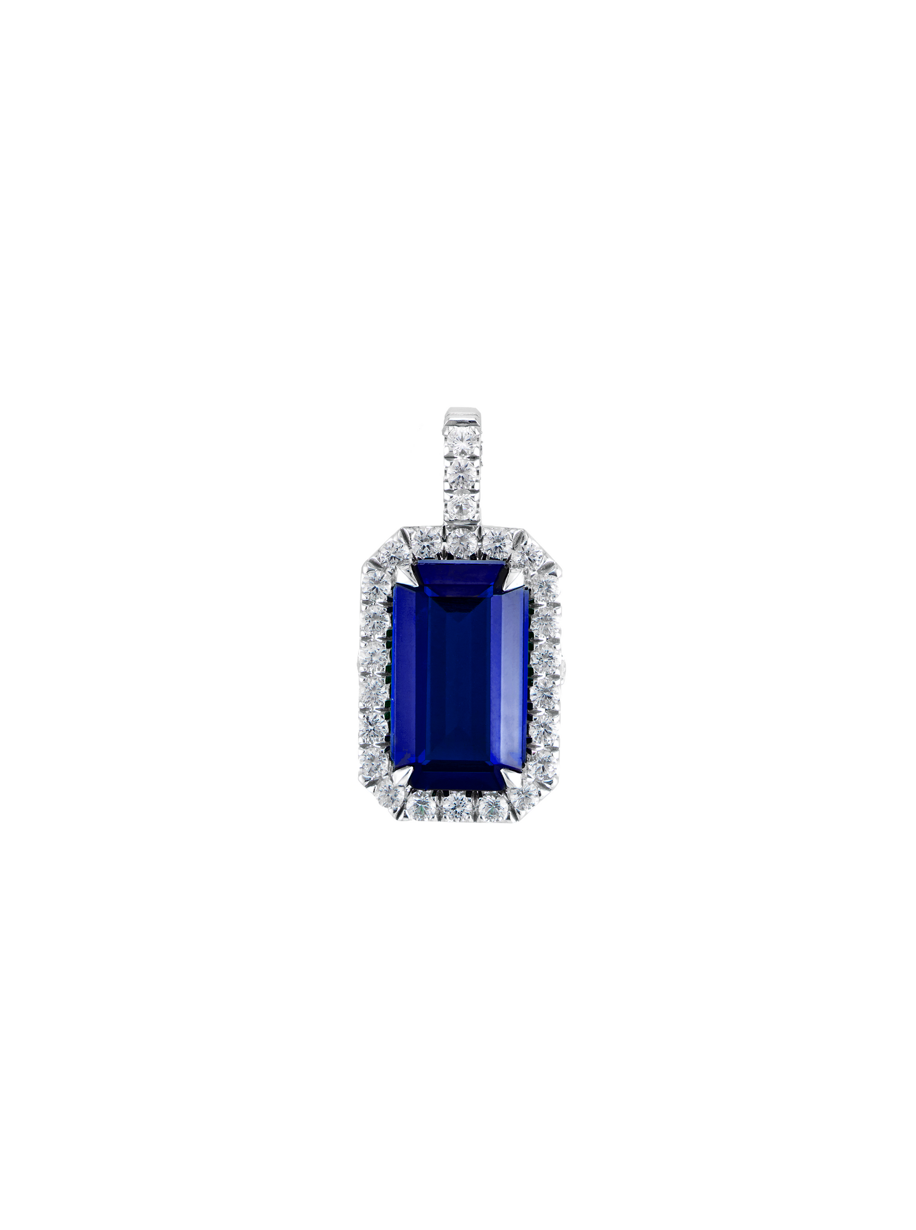 LAB BLUE SAPPHIRE EMERALD CUT PENDANT, SILVER