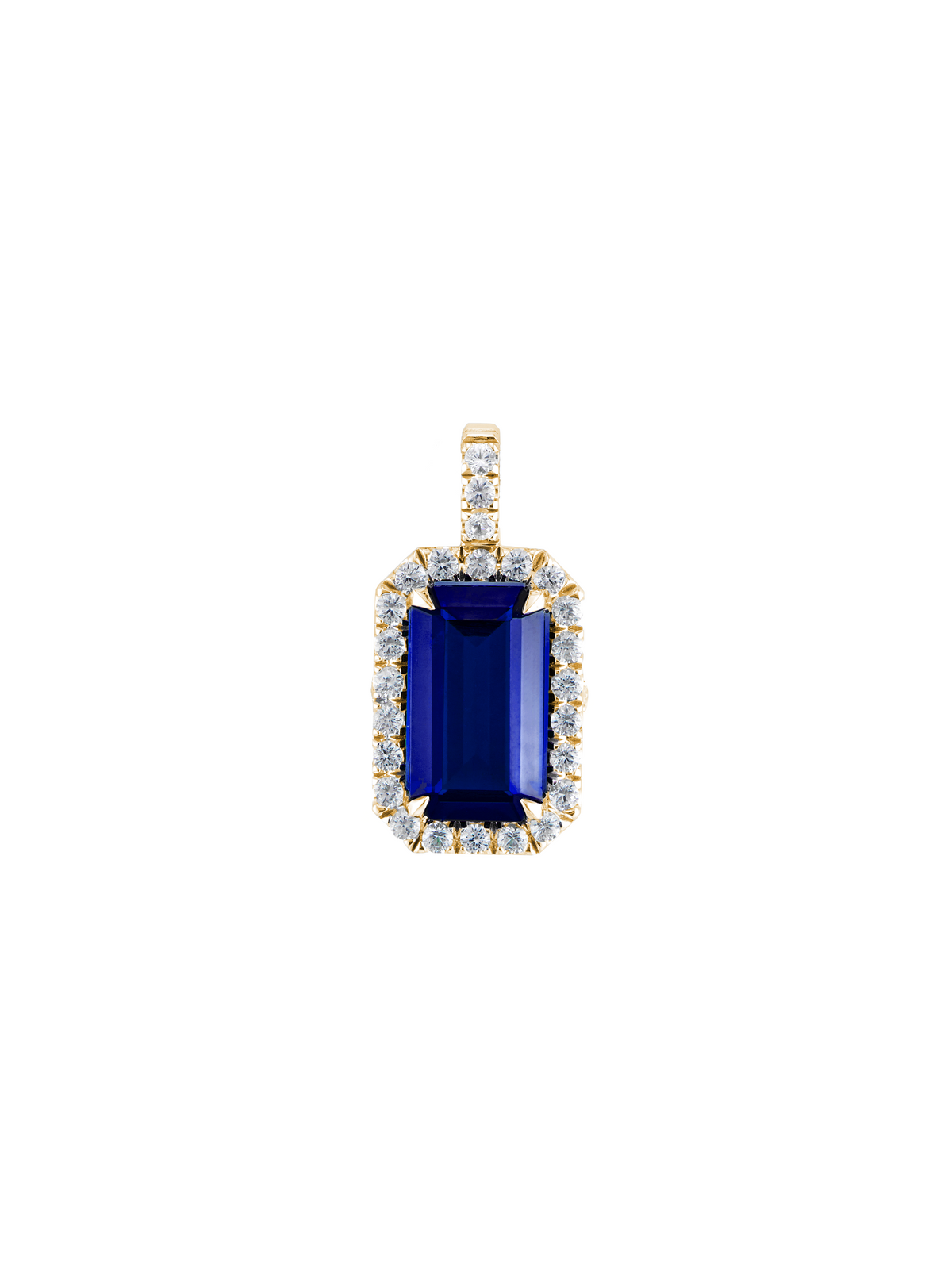 LAB BLUE SAPPHIRE EMERALD CUT PENDANT, GOLD