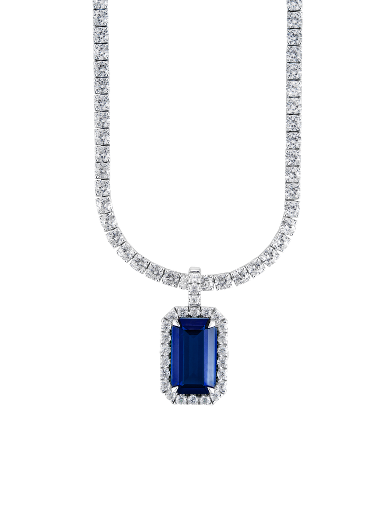 LAB BLUE SAPPHIRE EMERALD CUT PENDANT, SILVER