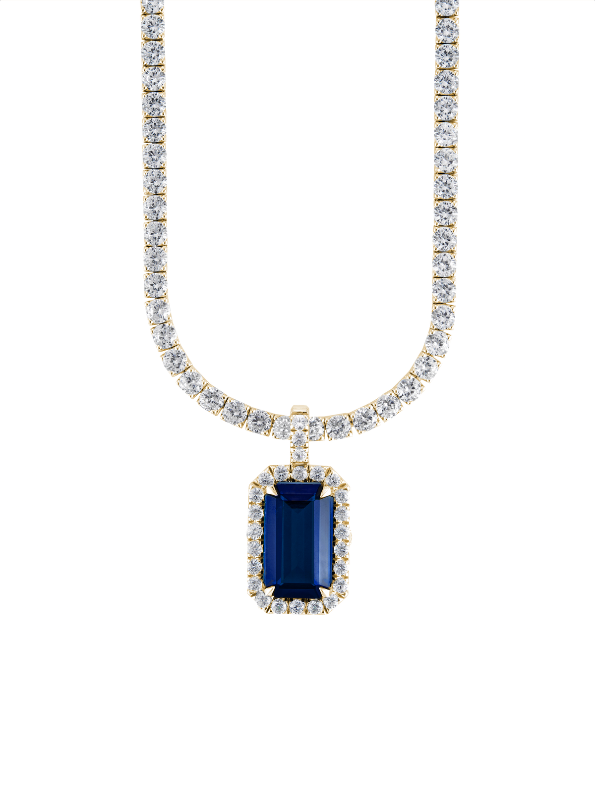 LAB BLUE SAPPHIRE EMERALD CUT PENDANT, GOLD