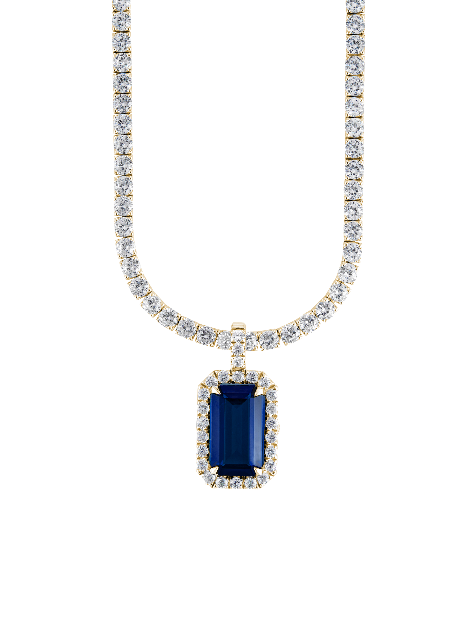 LAB BLUE SAPPHIRE EMERALD CUT PENDANT, GOLD