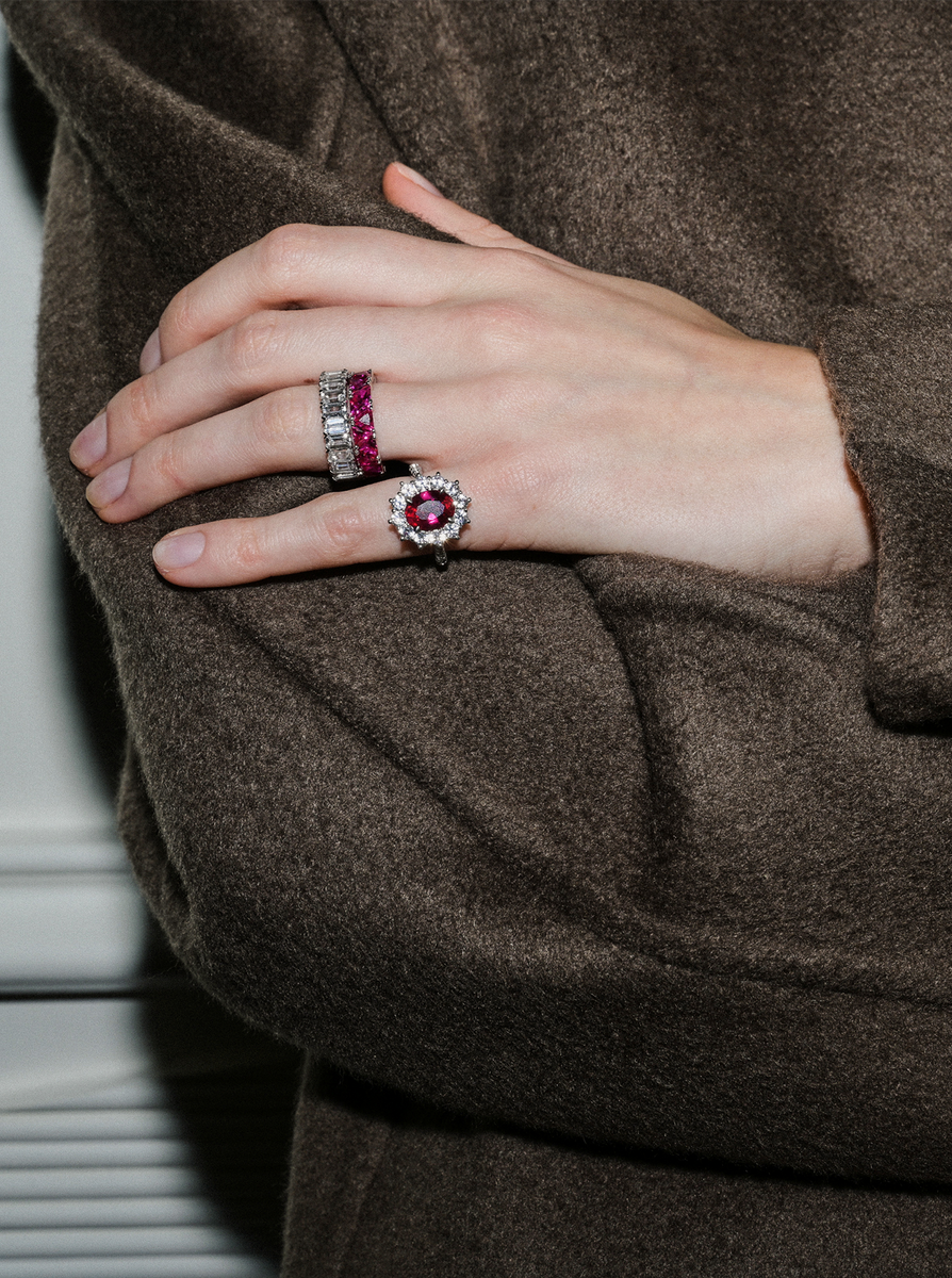 PETITE SPENCER, LAB RED SAPPHIRE RING, SILVER