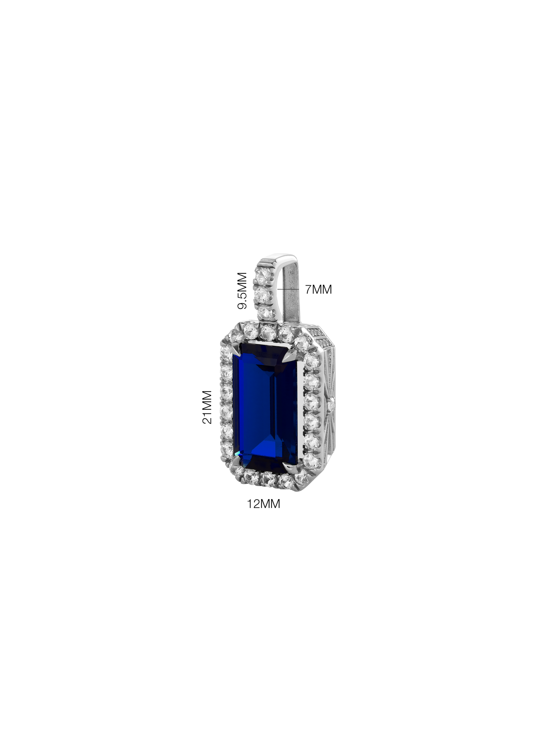 LAB BLUE SAPPHIRE EMERALD CUT PENDANT, SILVER