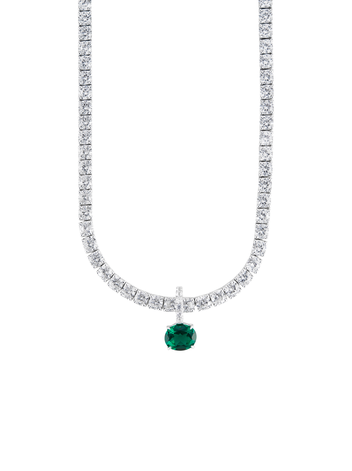 LAB EMERALD EAST WEST OVAL PENDANT, SILVER