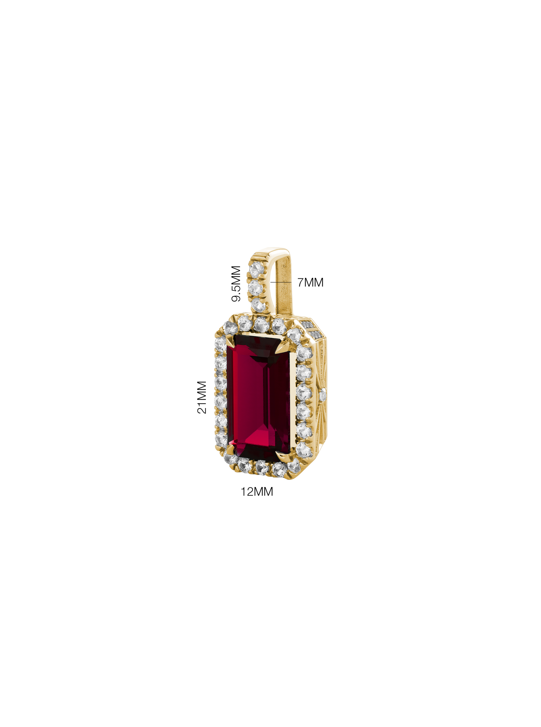 LAB RED SAPPHIRE EMERALD CUT PENDANT, GOLD