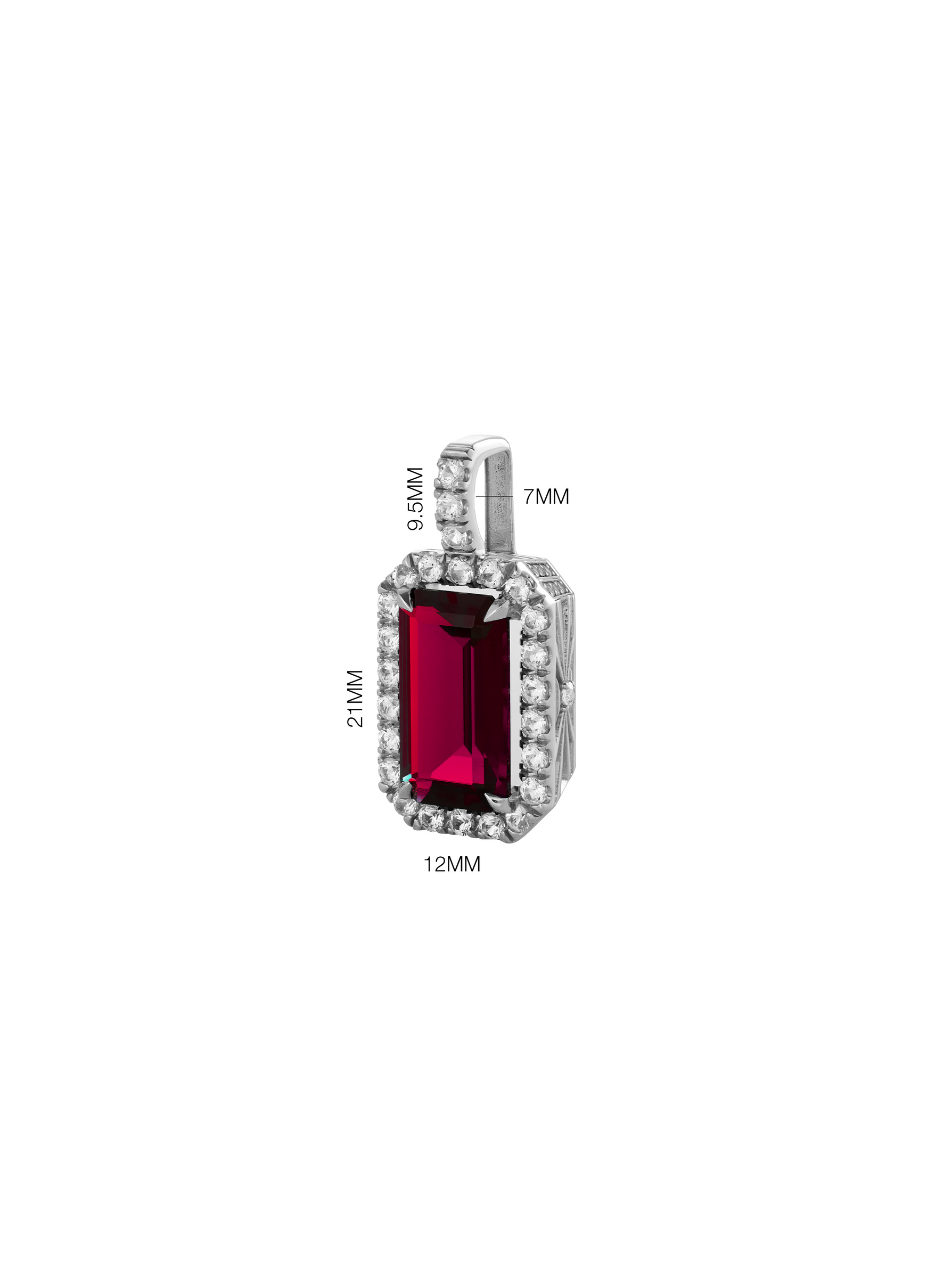 LAB RED SAPPHIRE EMERALD CUT PENDANT, SILVER