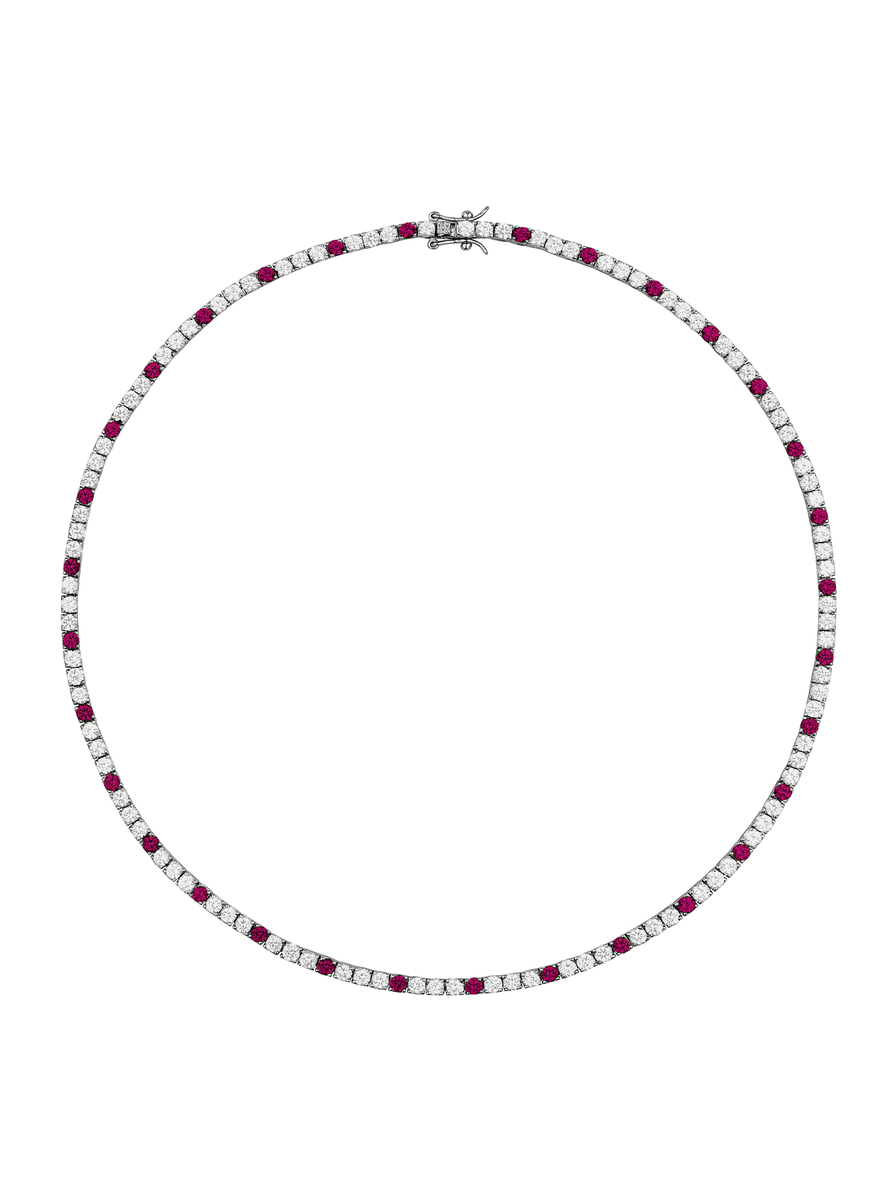 MOSS ROUND CUT, LAB 3 WHITE SAPPHIRE AND 1 RED SAPPHIRE RIVIÈRE NECKLACE