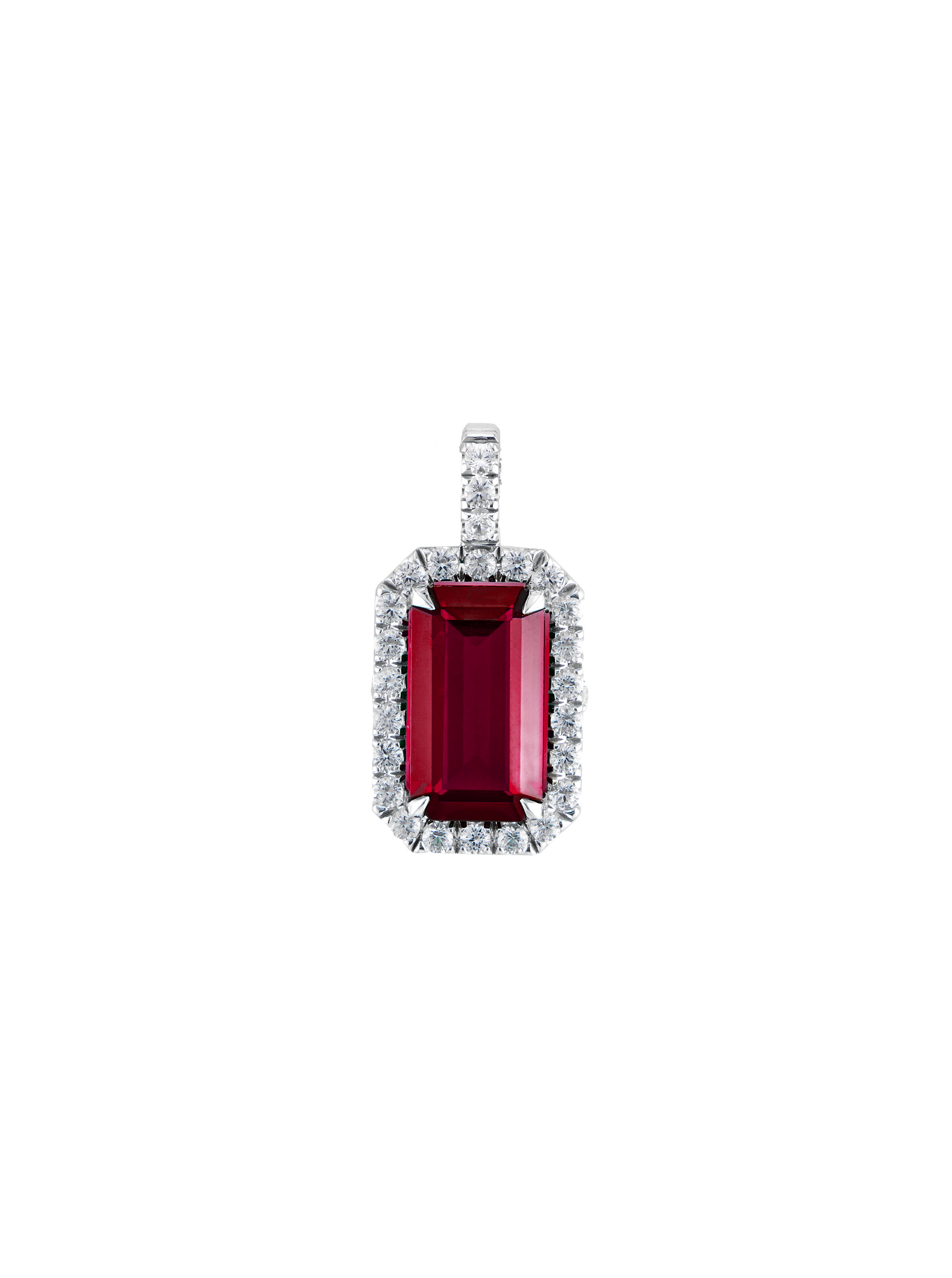 LAB RED SAPPHIRE EMERALD CUT PENDANT, SILVER